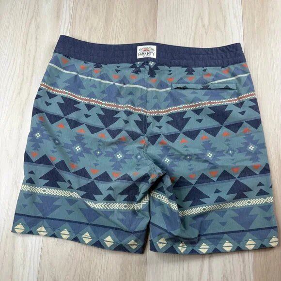 Faherty Mens Blue Doug Good Feather Aztec Print Swim Trunks Boardshorts Size 33 - Picture 2 of 9